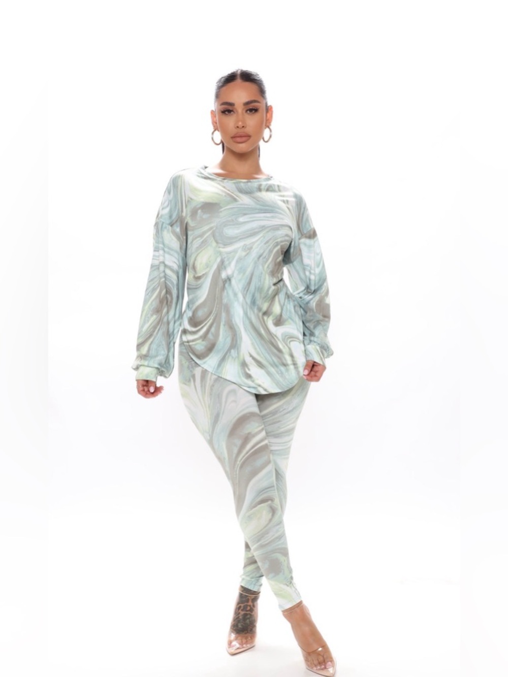 💚 Fashion Nova Marble 2 PC Shirt Top Leggings Lounge Set in Mint Sage Gray XL - Picture 3 of 6